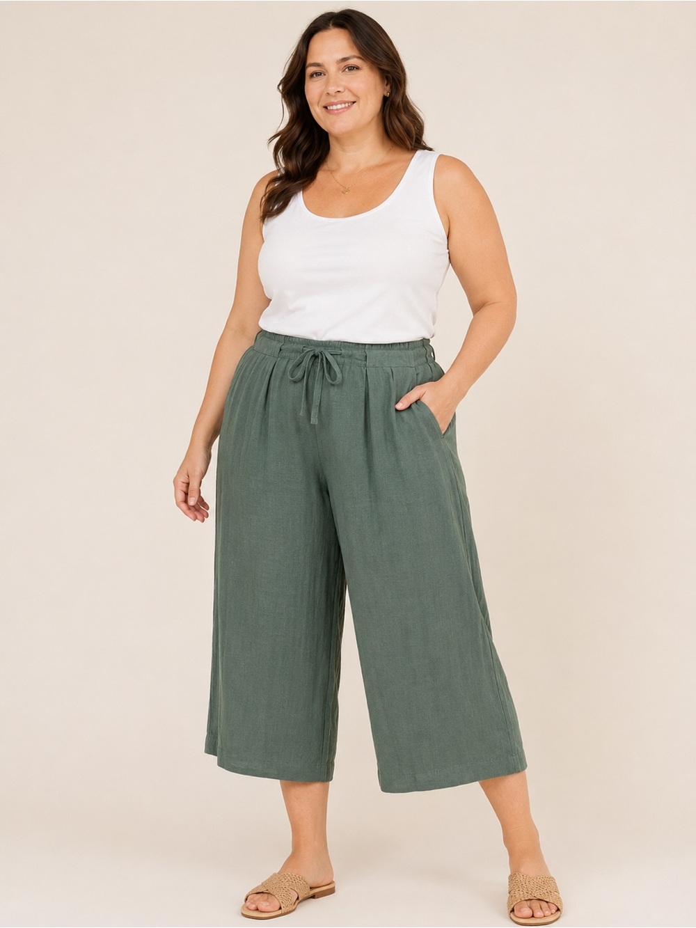 JM Collection Sage Green Cropped Wide-Leg Pants – Size XL